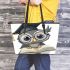 Grey owl with big eyes wearing glasses leather tote bag