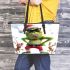 grinchy with black sunglass and dancing santaclaus Leather Tote Bag