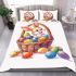 Happy easter bunny with colorful eggs in a basket isolated bedding set
