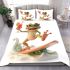 Happy frog wearing sunglasses surfing on a surfboard while holding bedding set