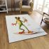 Happy frog wearing sunglasses surfing on a surfboard while holding area rugs carpet