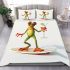 Happy frog wearing sunglasses surfing on a surfboard while holding bedding set