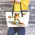 Happy frog wearing sunglasses surfing on a surfboard while holding leaather tote bag