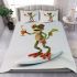 Happy frog wearing sunglasses surfing on a surfboard while holding bedding set