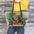 Happy smiling red eyed tree frog sitting on a branch leaather tote bag