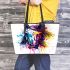 Horse head colorful ink splash and paint drips leather tote bag
