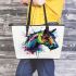 Horse head watercolor splashes leather tote bag