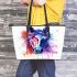 Horse head watercolor splashes leather tote bag