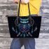 Illustration of owl sitting on dreamcatcher leather tote bag