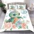 Kawaii cute baby turtle with roses and pearls bedding set