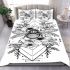 Line art drawing of a bee among flowers and triangles bedding set