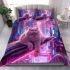 Longhaired british cat in futuristic scifi cityscapes bedding set