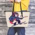 Monkey wearing hat and skiing with electric guitar leather tote bag