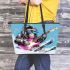 Monkey wearing sunglasses skiing with electric guitar leather tote bag