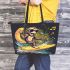 Monkey wearing sunglasses surfing with banana leather tote bag