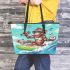 Monkey wearing sunglasses surfing with coconuts leather tote bag