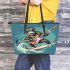 Monkey wearing sunglasses surfing with electric guitar leather tote bag