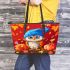 Owl wearing blue hat sitting on wood leather tote bag