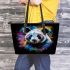 Panda portrait white fur with black and rainbow accents leather tote bag