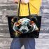Panda with black and white fur and colorful floral leather tote bag