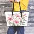 Pink flowers and dragonfly leather tote bag