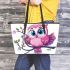 Pink owl on a pure white background with cute big eyes leather tote bag