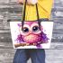 Pink owl on a pure white background with cute big eyes leather tote bag