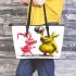 Pinky pigs and yellow grinchy smile toothless like leather tote bag