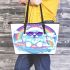 Pomeranian dog wearing sunglasses watching the rainbow leather tote bag