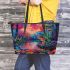 Psychedelic cartoon with neon pastel colors leaather tote bag