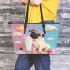 Pug puppy wearing pink heart sunglasses leather tote bag