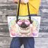 Pug puppy with pink heart sunglasses leather tote bag