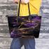 Purple and gold dragonflies leather tote bag