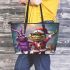 purple grinchy with black sunglass and dancing santaclaus Leather Tote Bag