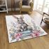 Rabbit sitting on top of books surrounded by flowers area rugs carpet