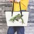 Simple cute green frog jumping leaather tote bag
