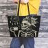 Skeleton king smile and drink coffee and dream catcher leather tote bag