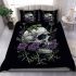 Skull with green frog on top and purple thistle flowers growing bedding set