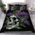 Skull with green frog on top and purple thistle flowers growing bedding set