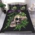 Skull with green frog on top and purple thistle flowers growing bedding set