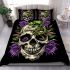 Skull with green frog on top and purple thistles growing bedding set