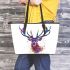 Stag head portrait watercolor splashes leather totee bag