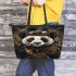 Steampunk panda with top hat and monocle holding golden gears leather tote bag