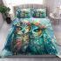 Two cute beautiful colorful owls with flowers on their heads bedding set