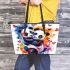 Two cute pandas hugging surrounded colorful hearts leather tote bag