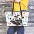 Two cute pandas hugging surrounded colorful hearts leather tote bag