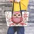 Valentine pink cute owl with flowers leather tote bag