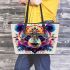 Vibrant and colorful panda design with intricate patterns leather tote bag