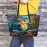 Vibrant painting of an happy dancing frog leaather tote bag
