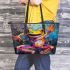 Vibrant painting of an happy dancing frog leaather tote bag